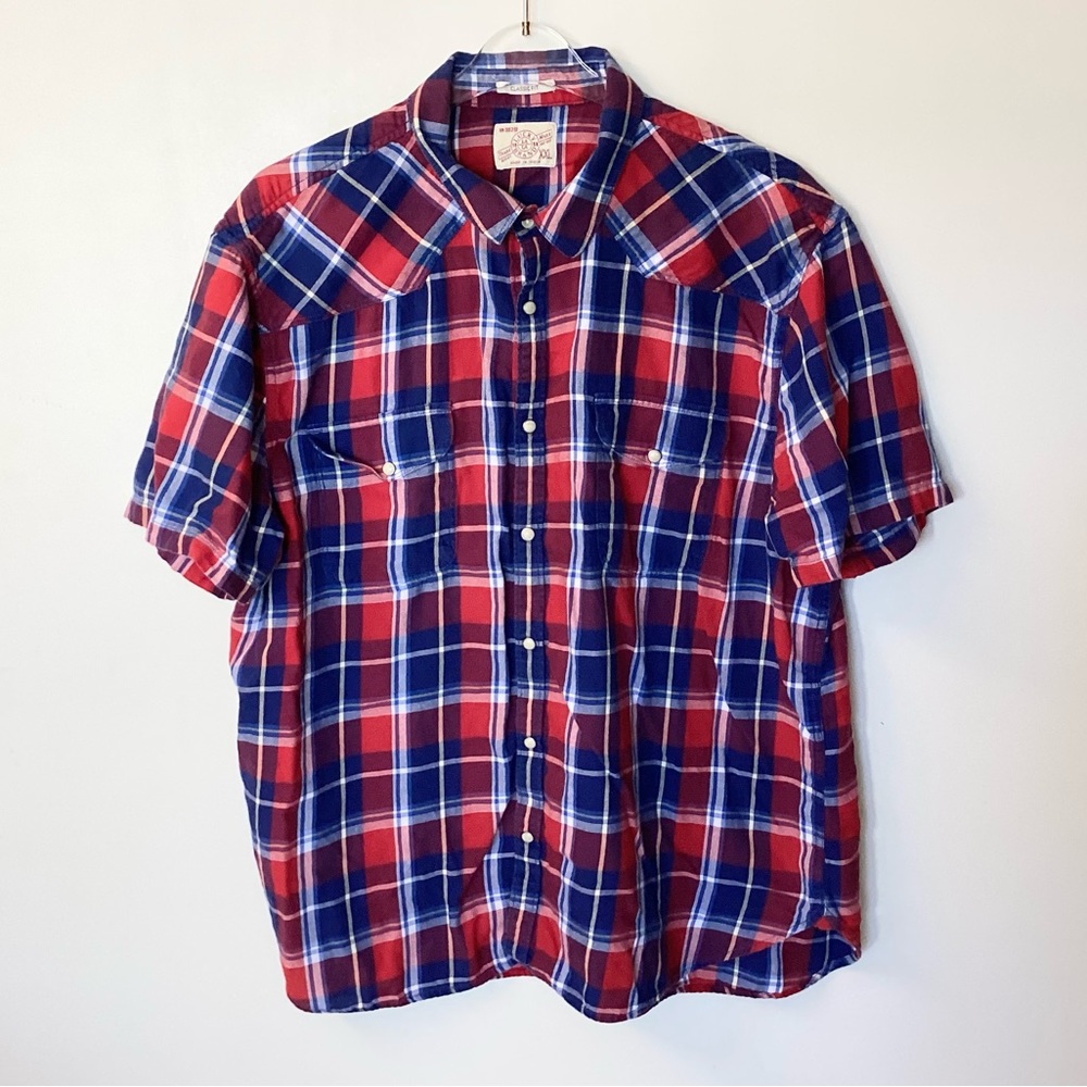 Lucky Brand Short Sleeve Plaid Pearl Snap Front Shirt - Red/Blue - XXL